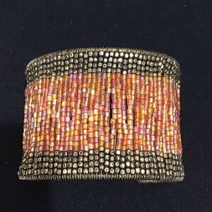 Boho Pink w/ Silver Border Open Back Adjustable Seed Bead Cuff Bracelet NWOT.